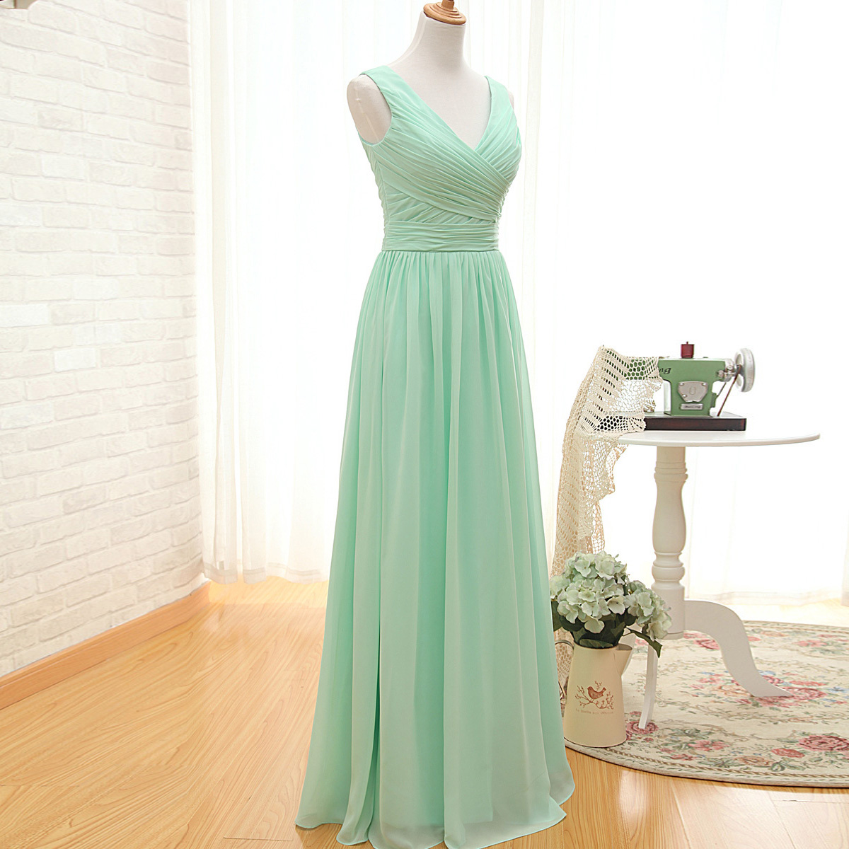 slim fit dress slacks High Neck Mint Green Chiffon A-line Bridesmaid Dress  Ohmollydress