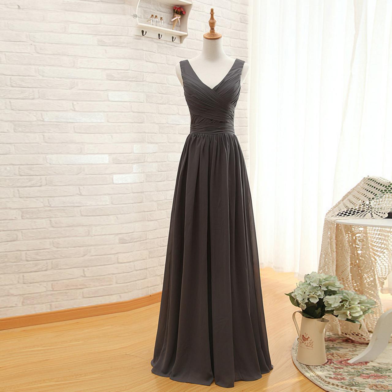 Black Chiffon Ruched Plunge V Sleeveless Floor Length A-line Bridesmaid Dress, Plus Size Bridesmaid Dress