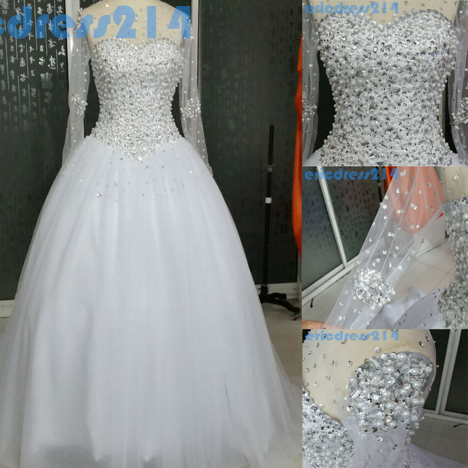 Luxury Crystal White Wedding Dress ,long Sleeve Ball Gown Tulle Wedding Dress,floor Length Scoop Beaded Wedding Gown,crystal Evening Gown Prom