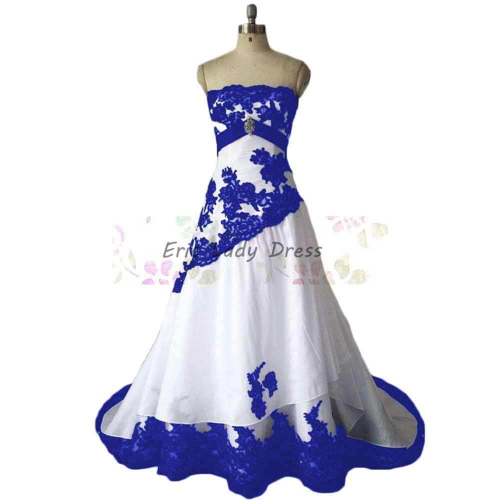 Custom Made Porcelain Inspired White Strapless Wedding Gown With Blue Lace Applique