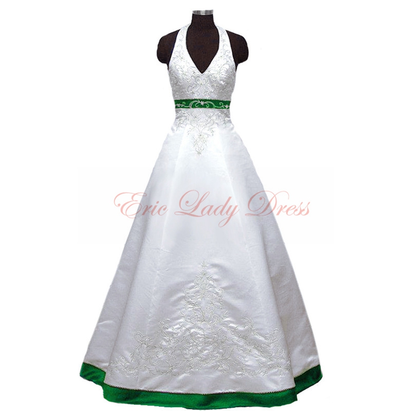 2015 Wedding Dresses,halter White And Green Embroidery Wedding Dresses, 2015 Satin Wedding Dresses,plus Size Wedding Dresses,wedding Gowns,bridal