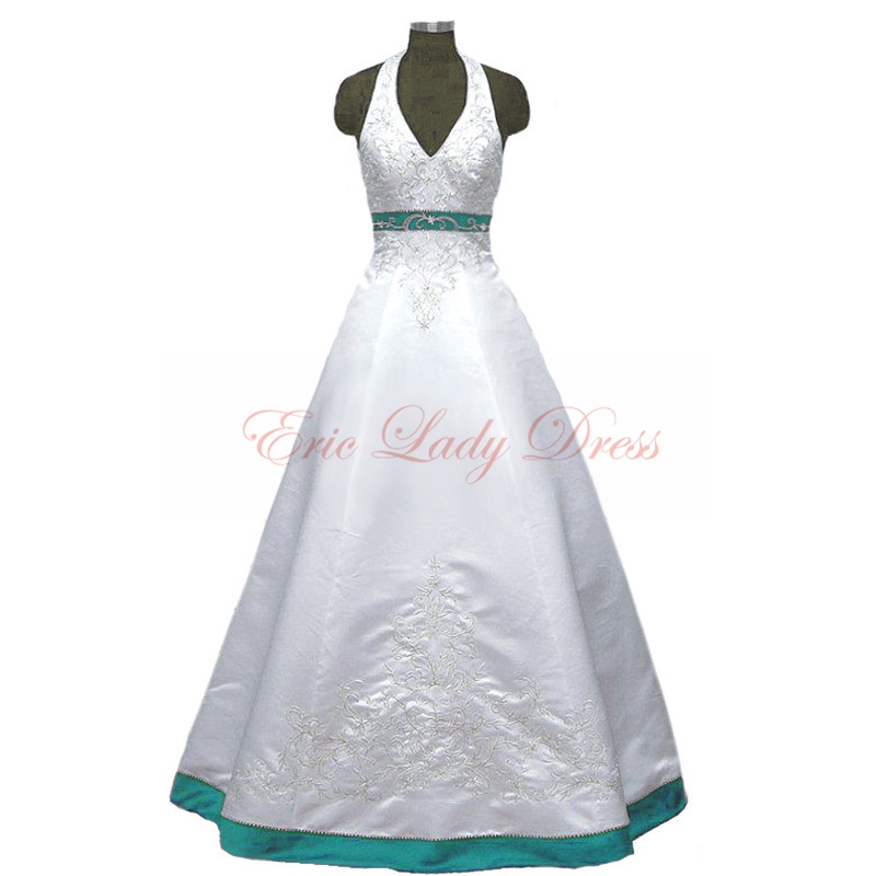 2015 Wedding Dresses,halter White And Turquoise Embroidery Wedding Dresses, 2015 Satin Wedding Dresses,plus Size Wedding Dresses,wedding