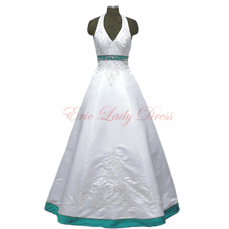 2015 Wedding Dresses,halter White And Turquoise Embroidery Wedding Dresses,  2015 Satin Wedding Dress on Luulla