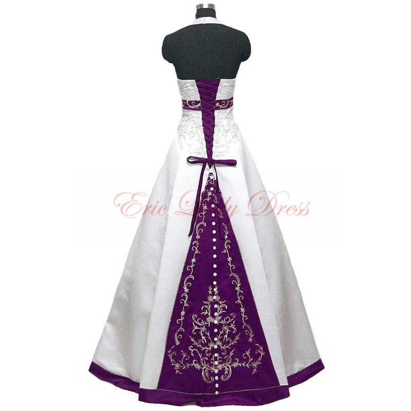 2015 Wedding Dresses,Halter White and Purple Embroidery Wedding Dresses, 2015 Satin Wedding Dresses,Plus Size Wedding Dresses,Wedding