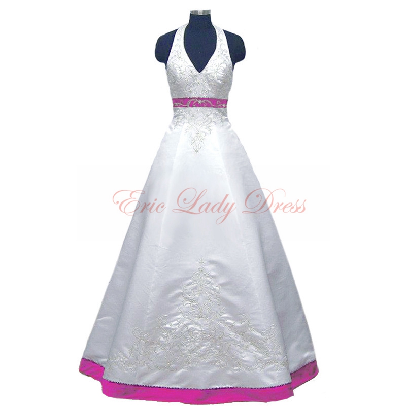 2015 Wedding Dresses Halter White And Fuschia Embroidery Wedding