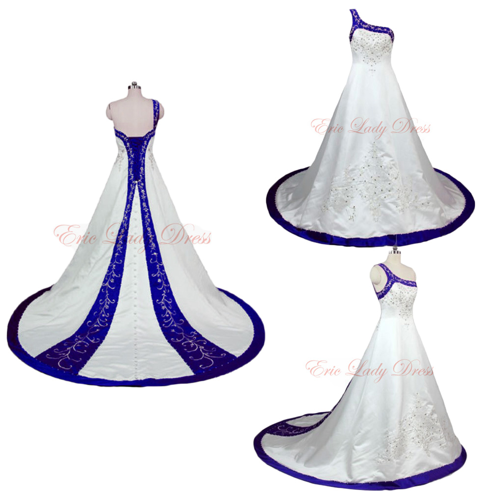 2015 Wedding Dresses,blue Embroidery Wedding Dresses, One Shoulder Wedding Dresss,2015 Satin Wedding Dresses,plus Size Wedding Dresses,wedding