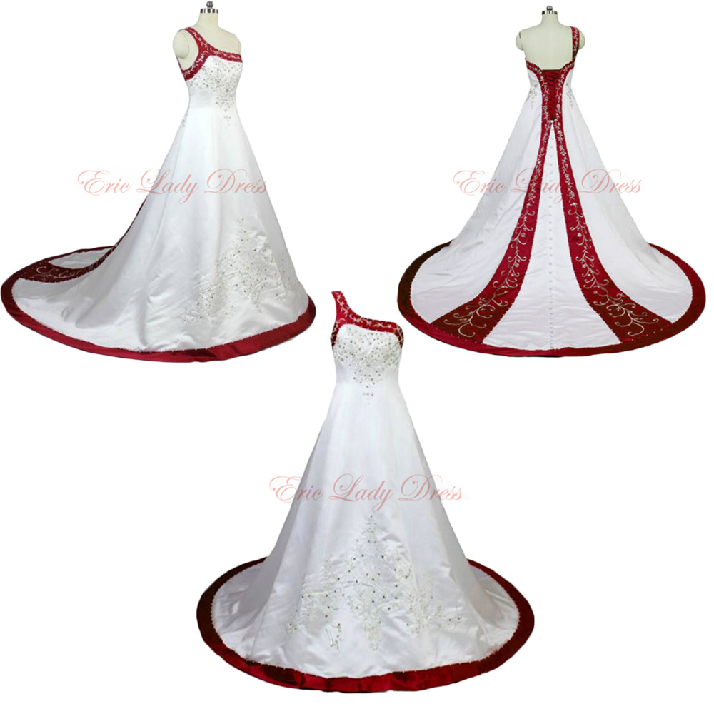 2015 Wedding Dresses,burgundy Embroidery Wedding Dresses, One Shoulder Wedding Dresss,2015 Satin Wedding Dresses,plus Size Wedding