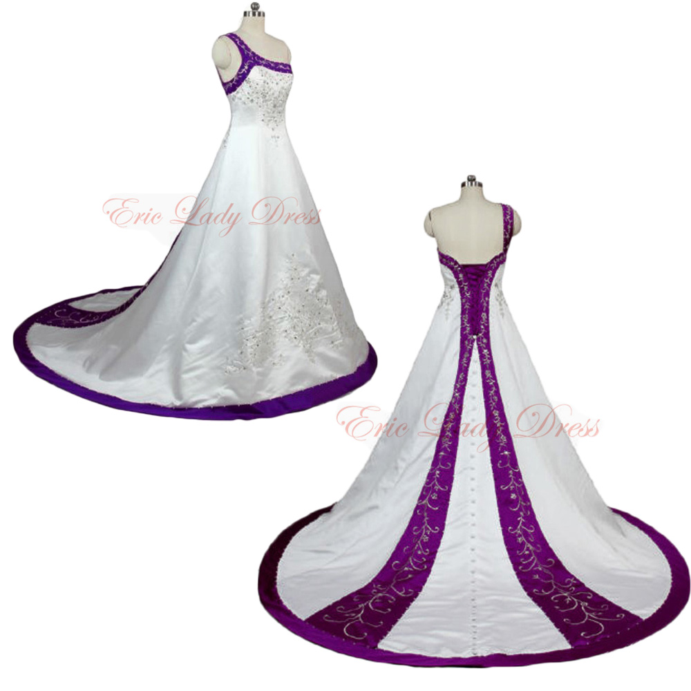2015 Wedding Dresses,white And Purple Embroidery Wedding Dresses, One Shoulder Wedding Dresss,2015 Satin Wedding Dresses,plus Size Wedding