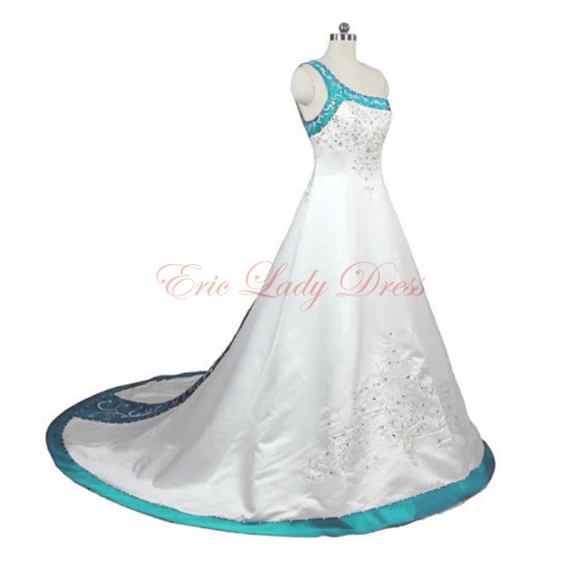 2015 Wedding Dresses,light Blue Embroidery Wedding Dresses, One Shoulder Wedding Dresss,2015 Satin Wedding Dresses,plus Size Wedding