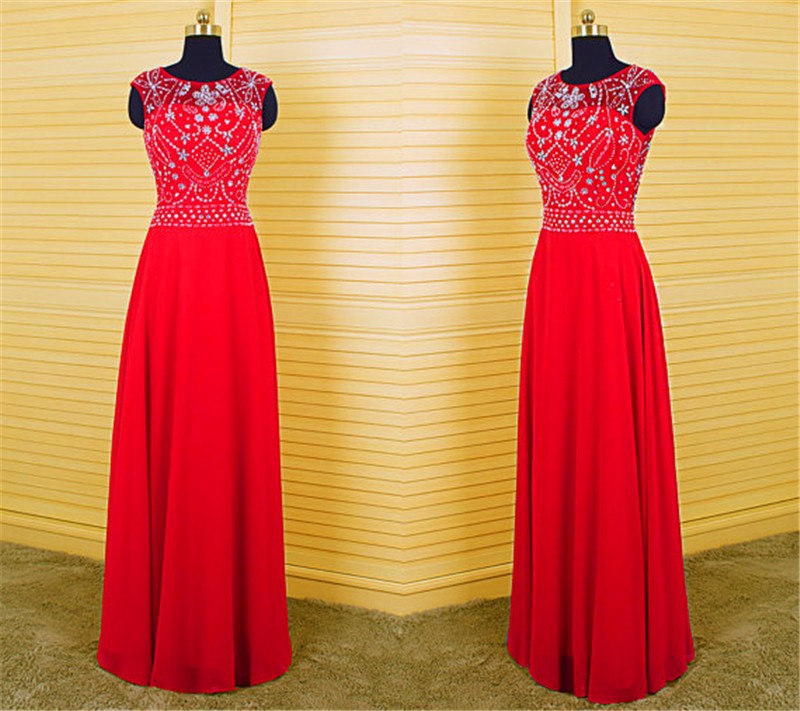 2016 Red Long Elegant Backless Prom Dress Real Photo Chiffon Crystal Sheer Neck Evening Dresses Robe De Soiree Formal Gowns