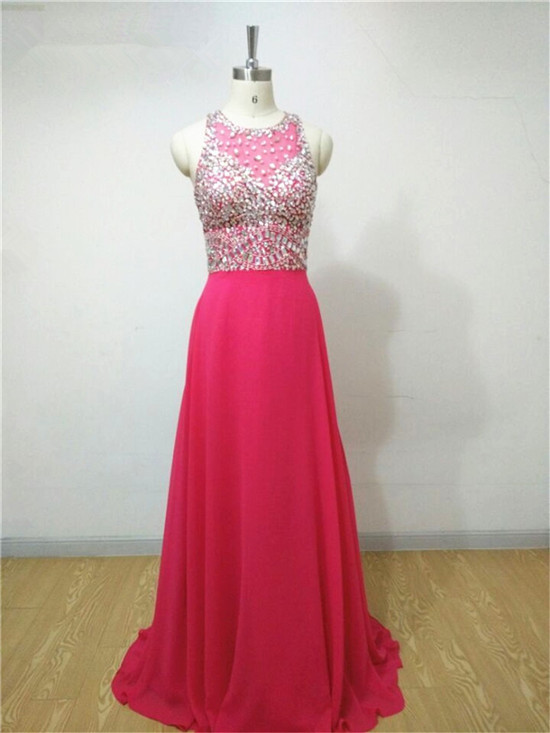 2016 Pink Luxury Crystal Prom Dress Real Photo Chiffon O Neck Evening Dresses Robe De Soiree Formal Gowns