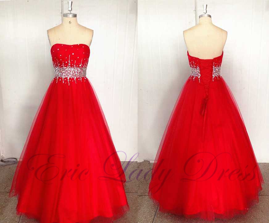 Long Red Evening Dresses Beaded Sweetheart Tulle Prom Dresses 2016 Real Photo Homecoming Cocktail Graduation Party Dresses Robe De Soiree Formal