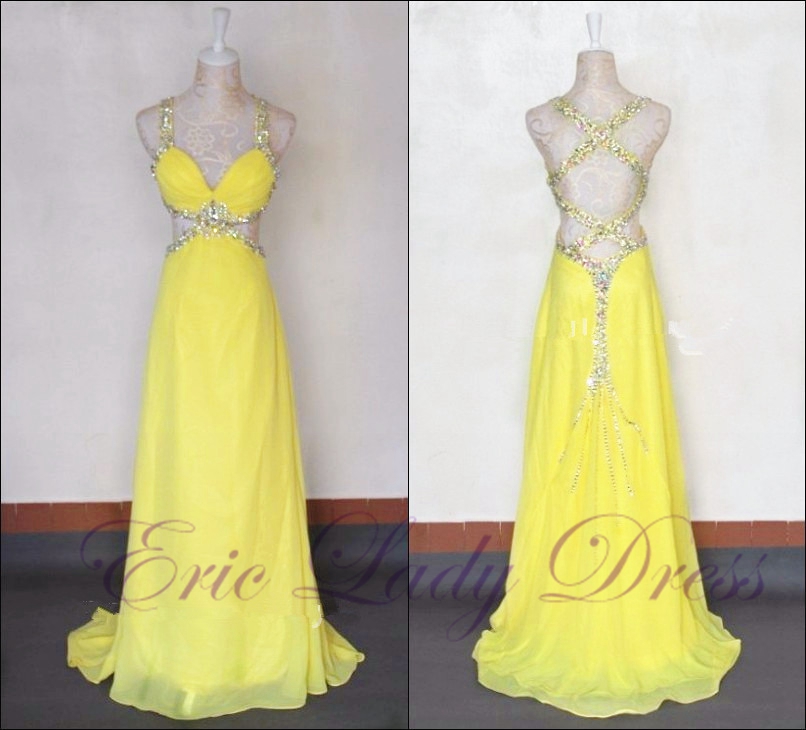 Gorgeous Yellow Halter V-Neck Beaded Fringe Long Prom Dress Evening Dress cc5456