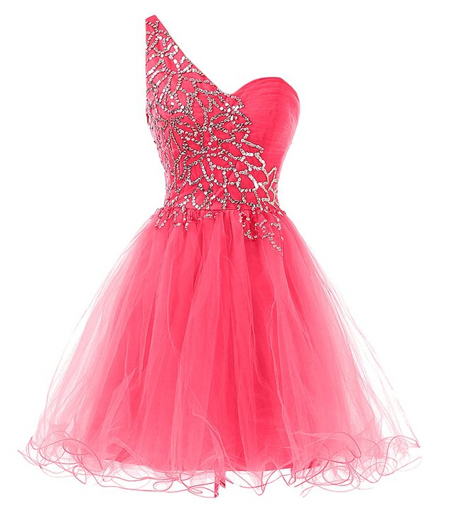 Luxury Pink Beaded One Shoulder Mini Prom Dresses Short Evening Dresses 2016 Graduation Cocktail Dresses Real Photo Women Party Dresses Formal