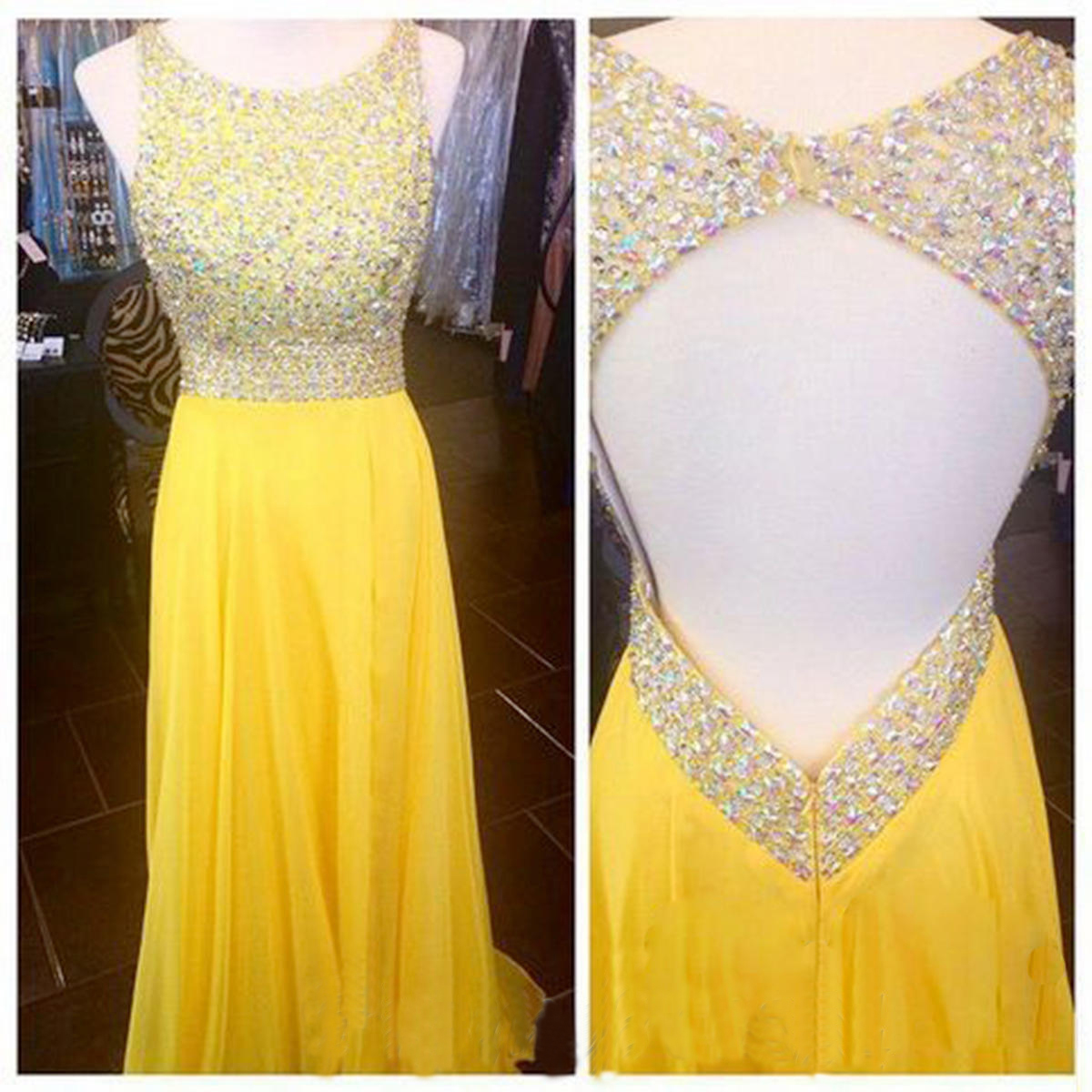 Sexy Chiffon Floor Length Strapless Scoop Yellow Open Back Prom Dress , Party Dresses, Graduation Dresses, Evening Dresses, Long Prom Dress 2016
