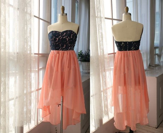 Chiffon High Low Strapless Sweetheart Coral And Black Prom Dress , Party Dresses, Evening Dresses, Long Prom Dress 2016,graduation Dresses