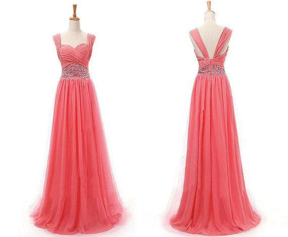 2016 Elegant Floor Length Coral Tulle V Neck Prom Dress , Party Dresses,long Evening Dresses, Long Prom Dress 2016,graduation Dresses