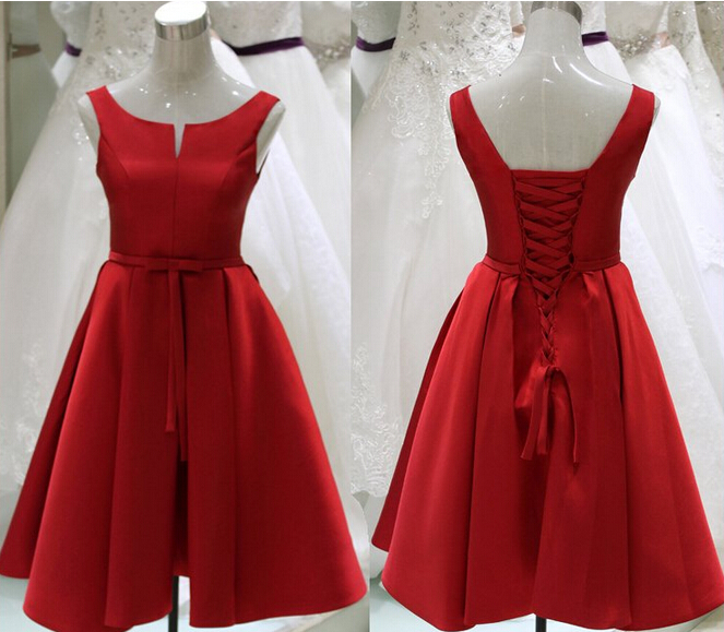 Sexy Knee Length V Neck Red Satin Prom Dress , Graduation Dresses 2016