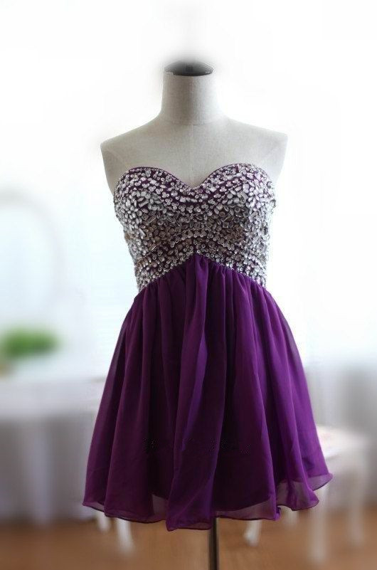 Purple Beaded Embellished Sweetheart Short Chiffon Homecoming Dress Featuring Lace-up Back, Formal Dress