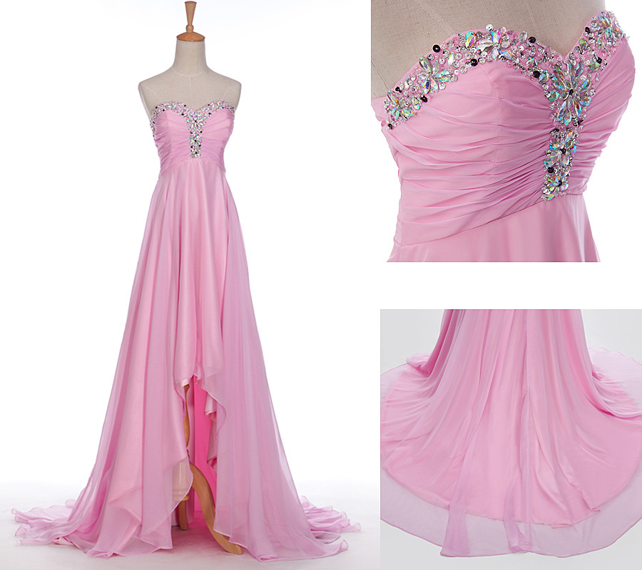 Luxury High Low Pink Bridesmaid Dresses,high Low Zipper Sweetheart A Line Bridesmaid Dresses, Sexy Pink Crystal Beaded Bridal Dresses ,long