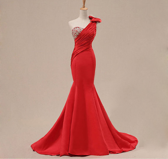 Elegant Red Bridesmaid Dresses,Floor Length Zipper Mermaid Bridesmaid Dresses, Sexy One Shoulder Red Bridal Dresses ,Long Elegant Prom Dresses