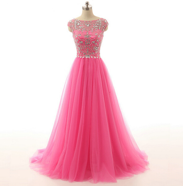 Prom Dress,pink Prom Dress,sheer Neck Prom Dresses,beaded Crystal Prom Dresses,custom Made Prom Dress, Chiffon Prom Dresses, Sexy Prom Dress,
