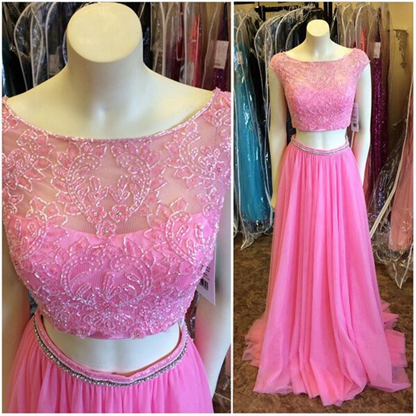 2016 Pink 2 Piece Evening Dresses Sexy Chiffon Long Elegant Prom Dress Robe De Soiree Formal Gowns Custom Made