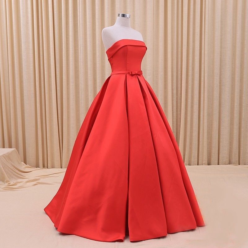 2016 Red Prom Dresses Satin Strapless Evening Gowns Party Dress Long Elegant Robe De Soiree Formal Gowns Custom Made