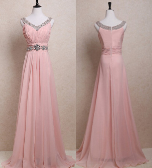 Prom Dresses,pink Prom Dresses,chiffon Prom Dress,2016 A Line V Neck Prom Dresses,long Elegant Prom Dress,prom Dress