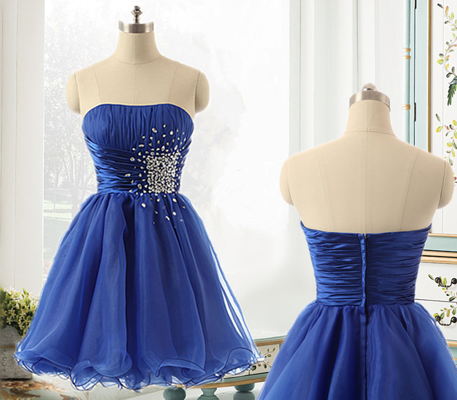 Prom Dresses ,short Royal Blue Organza Strapless Prom Dresses,short Prom Dresses,custom Made Prom Dress, Sexy Prom Dress, 2016 Prom