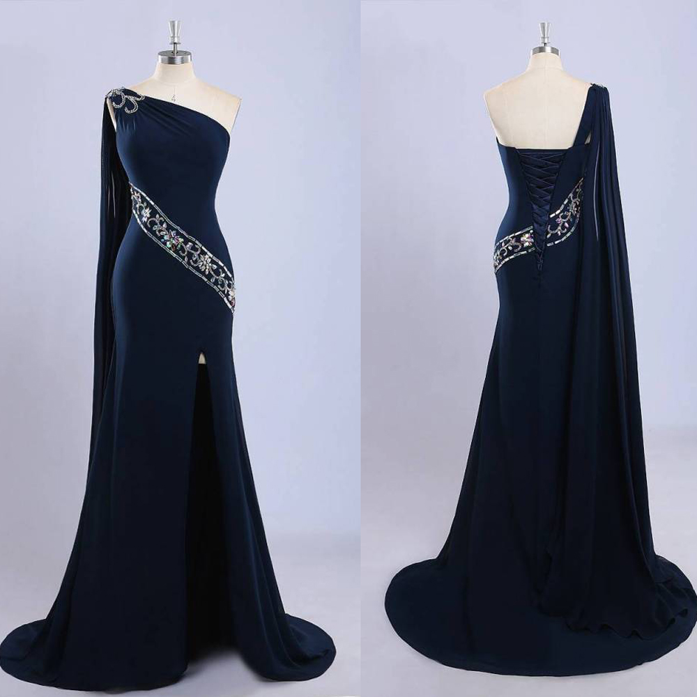 Elegant Long Navy Blue Bridesmaids Dresses Sexy One Shoulder Chiffon Evening Dresses 2016 Real Photo Women Party Dresses Formal Prom Gowns