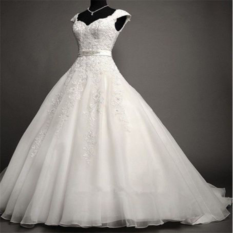 2016 Ball Gown Organza V Neck Wedding Dresses With Applique Open Back White Bridal Gown Lace-up Back