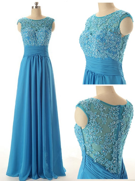 2016 Blue Bridesmaid Dress,floor Length Sheer Neck Bridesmaid Dresses,elegant Long Prom Dresses Party Evening Gown