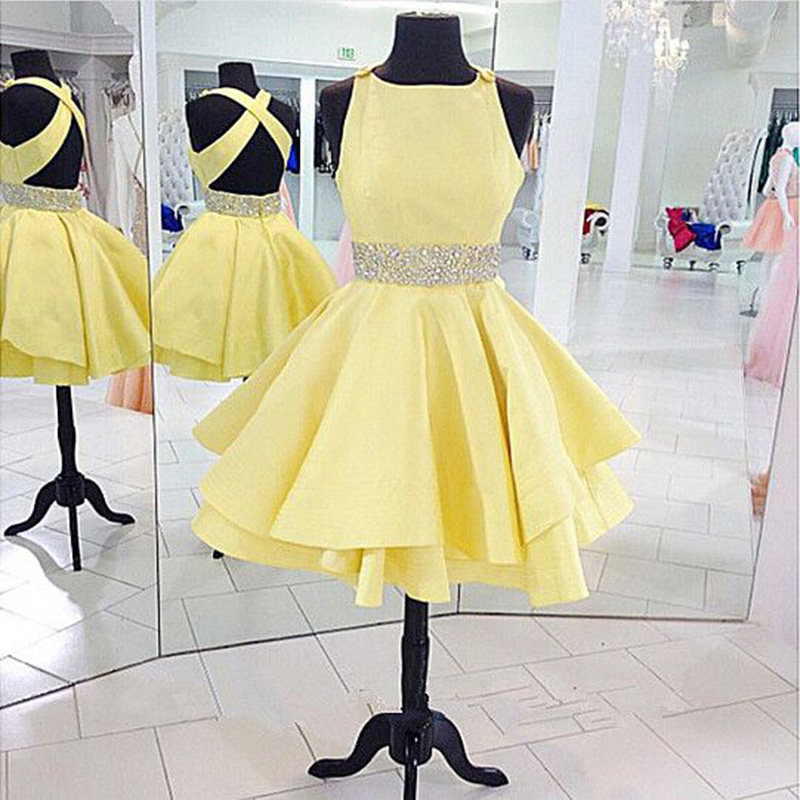 Short Prom Gowns Yellow Prom Dress Homecoming Dresses Graduation Dresses Mini Satin Strapless Prom Dresses