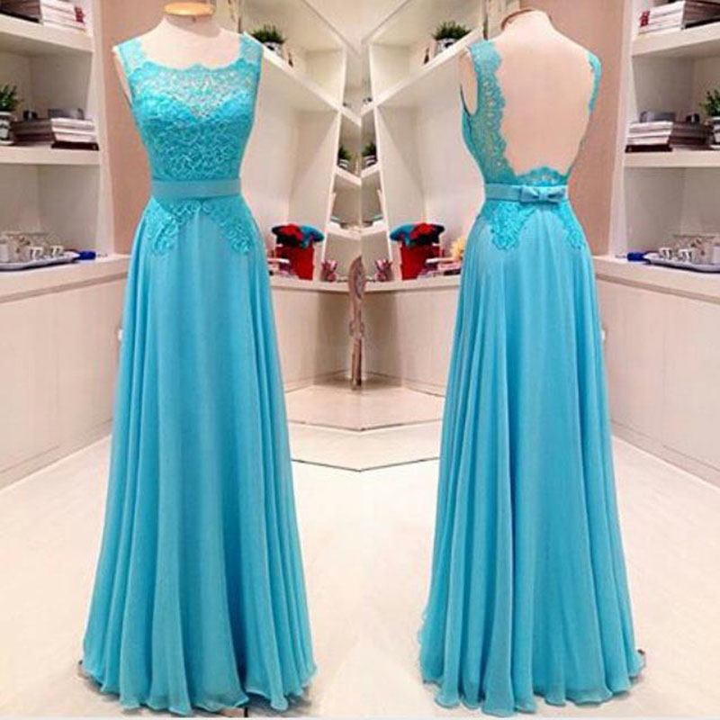 2016 Blue Chiffon Prom Dresses Sexy Long Sexy Backless Evening Dresses Scoop Sleeveless Prom Gowns Party Dress Robe De Soiree