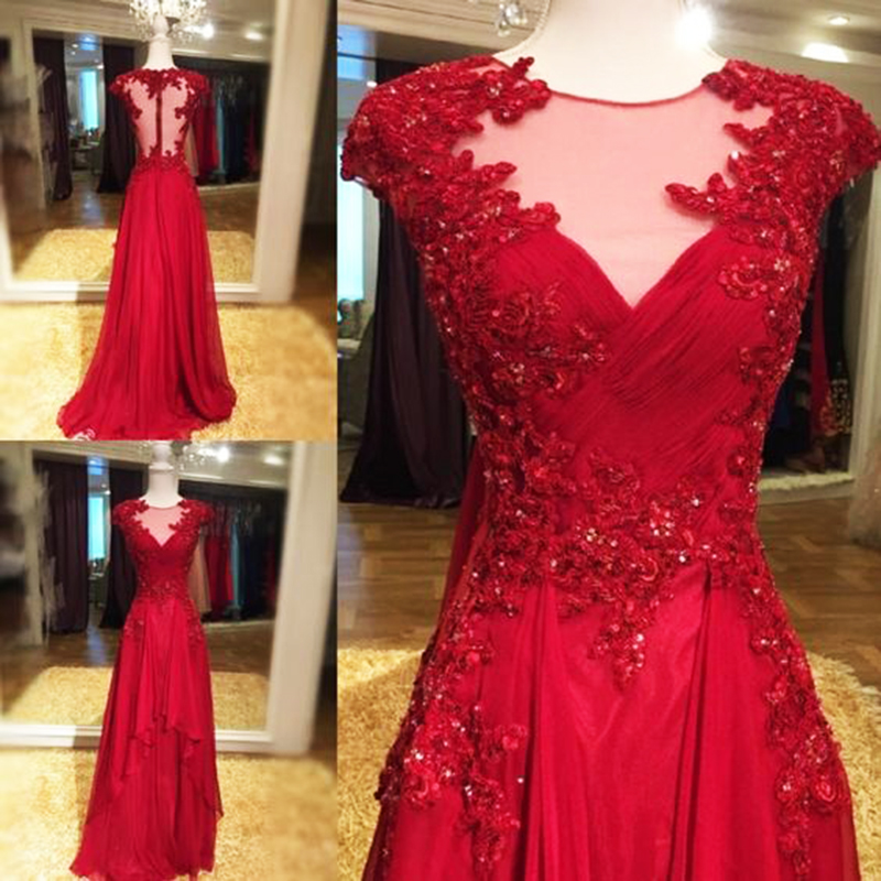 2016 Sexy Red Sheer Neck Prom Dresses Backless Chiffon Evening Dresses Long Elegant Prom Gowns Party Dress
