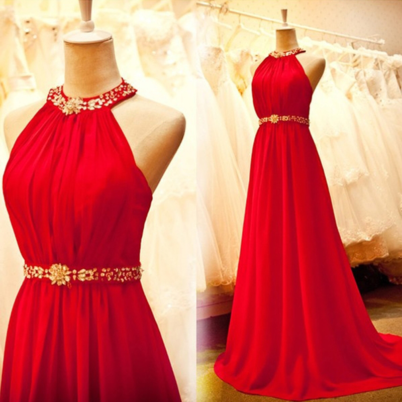 2016 Sexy Halter Red Prom Dresses Chapel Train Chiffon Evening Dresses Long Elegant Prom Gowns Party Dress