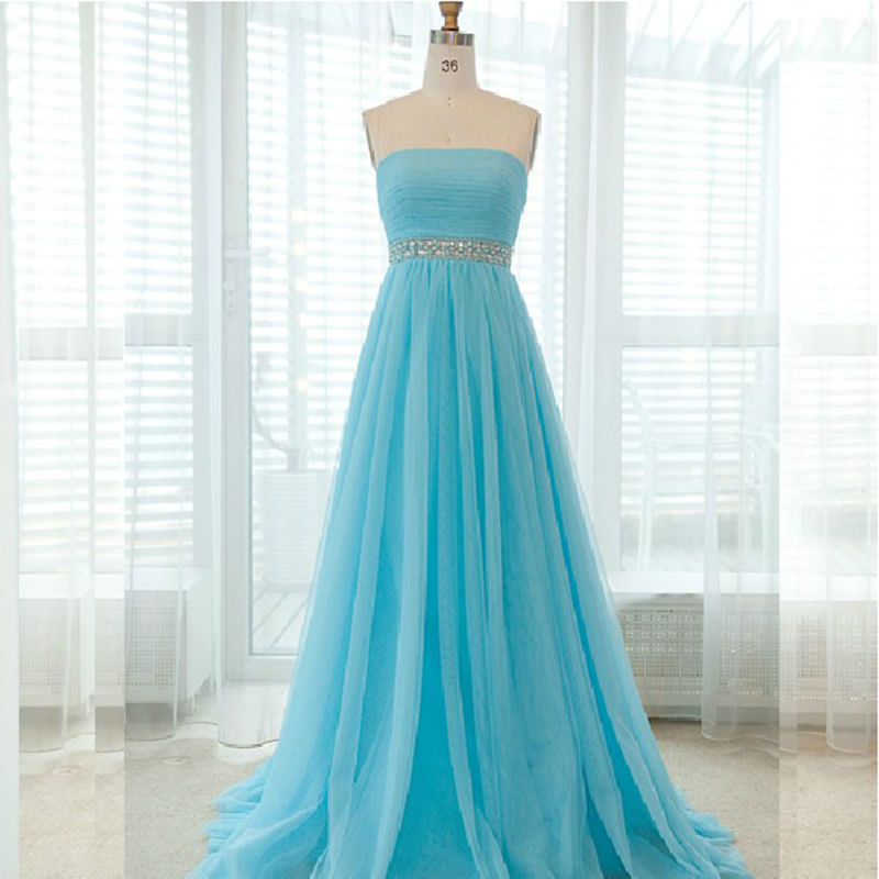2016 Light Blue Prom Dresses Sexy Strapless Evening Dresses Elegant Prom Gowns Party Dress