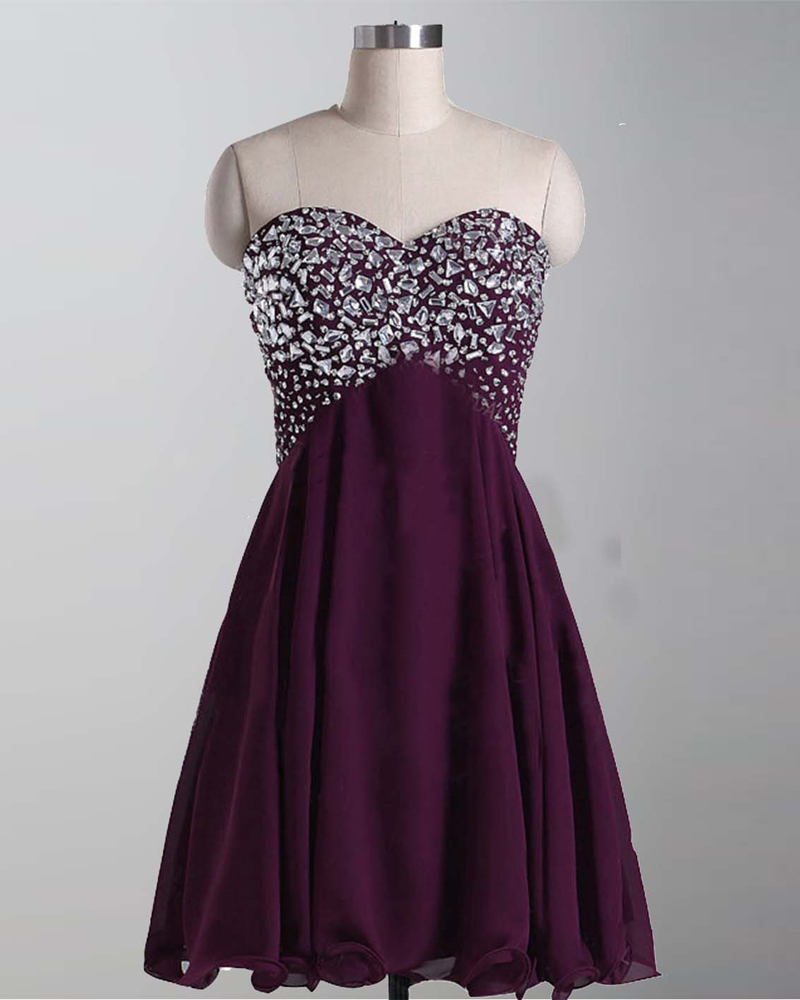 Custom Made Purple Crystal Embellished Sleeveless Sweetheart Neckline A-line Chiffon Homecoming Dress, Graduation Dress