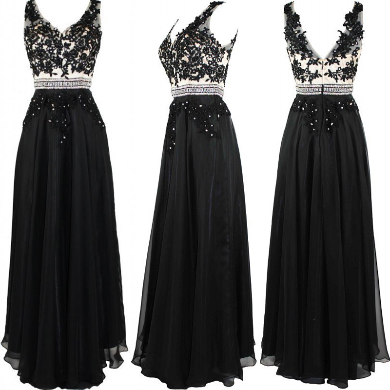 Long Elegant Black Prom Dresses Sexy Beaded Chiffon Party Evening Gowns 2016 Fast Party Dress For Women