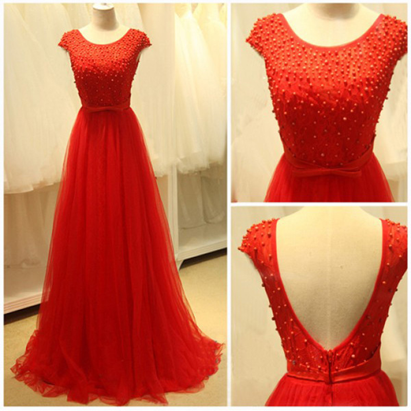 2016 Red Evening Dresses Floor Length Backless Beaded Scoop Prom Dress Robe De Soiree Formal Gowns