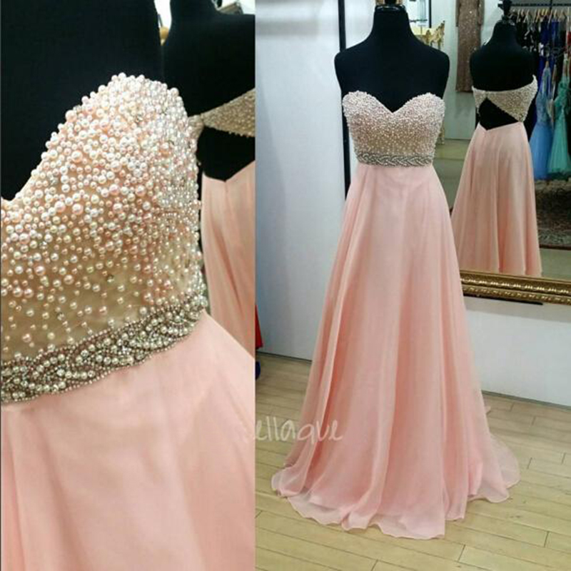 Pink Strapless Sweetheart Beaded A-line Chiffon Floor-length Prom Dress, Evening Dress With Cutout Back