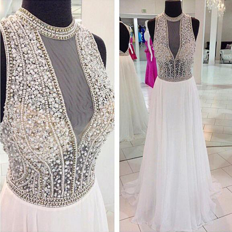 2016 Long Elegant White Prom Dresses, Luxury Beaded Prom Dresses,white Evening Dresses , Sexy Formal Prom Dresses,dresses Party Evening,sexy