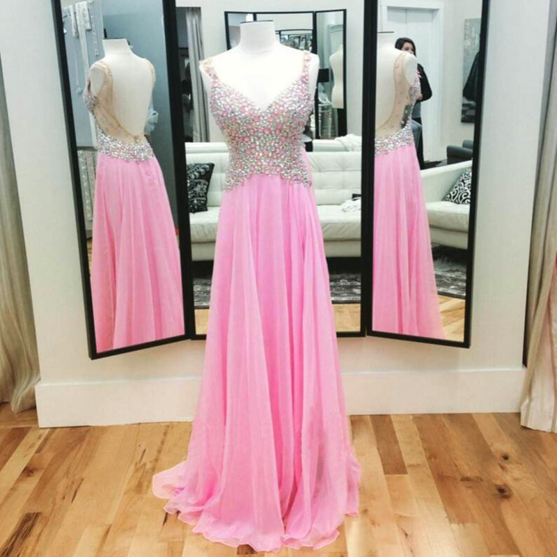 2016 Sexy Pink Evening Dresses Long Luxury Crystal Chiffon Backless Prom Dress Robe De Soiree Formal Gowns