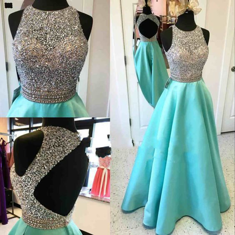 2016 Sexy Turquoise Prom Dresses Scoop Beaded Backless Evening Dress Robe De Soiree Formal Party Gowns