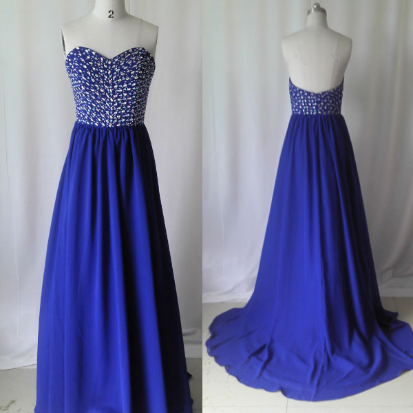 2016 Sexy Royal Blue Crystal Prom Dresses Deep Sweetheart Chiffon Evening Dress Robe De Soiree Formal Party Gowns