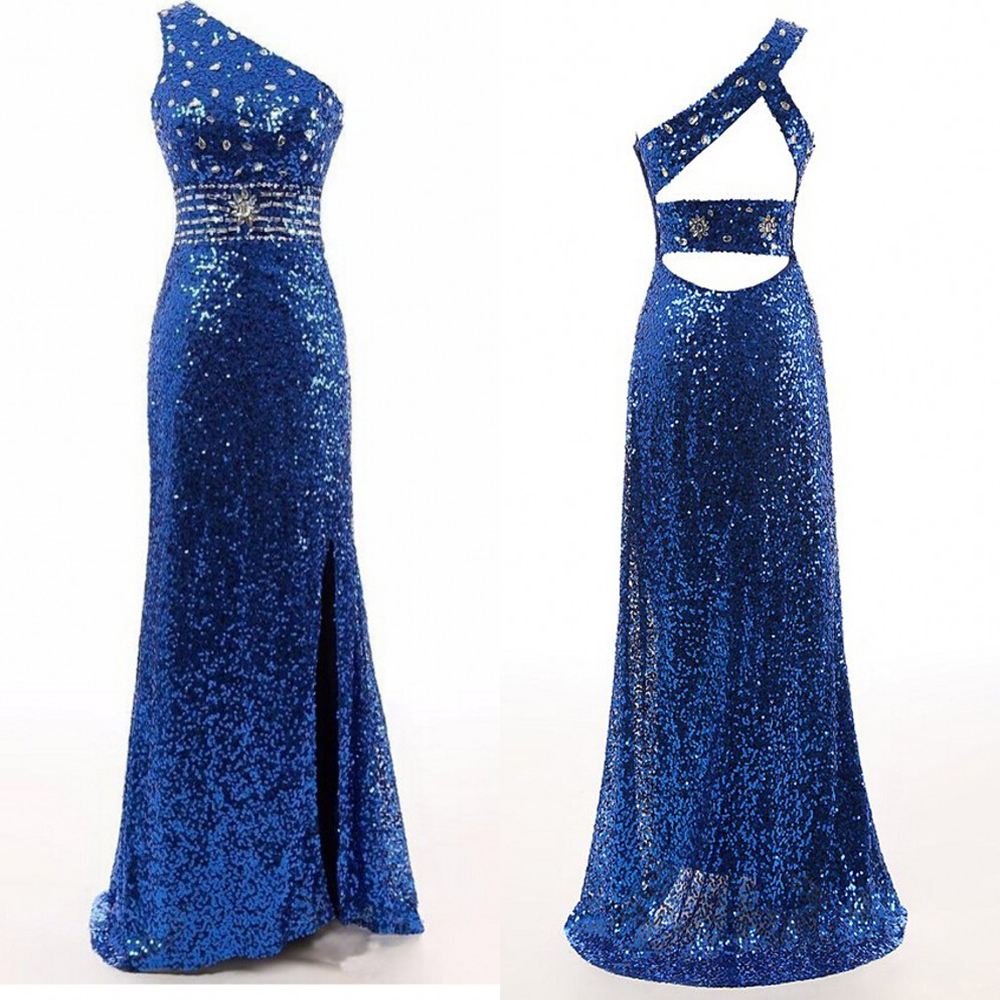Blue Sequinned Floor Length Trumpet Evening Dress Featuring One Shoulder Bodice And Cutout Back