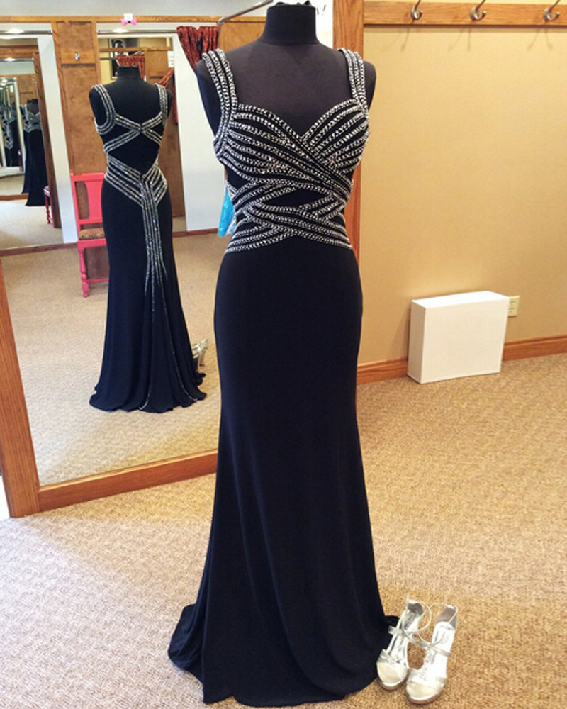 2016 Luxury Black Prom Dresses Long Sexy V Neck Evening Dress Beaded Formal Gowns
