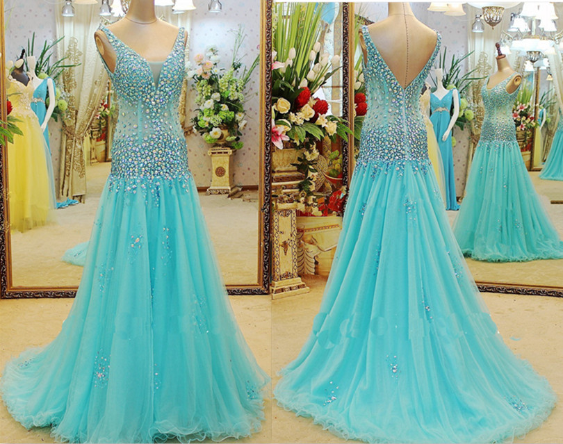 Luxury Crystal Blue Bridesmaid Dress,floor Length V Neck Bridesmaid Dresses,long Elegant Sexy Prom Dresses Party Evening Gown