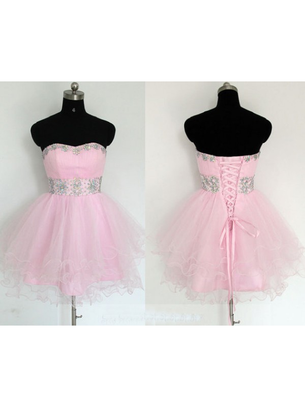Custom Made Pink Crystal Embellished Sweetheart Neckline Tulle Lace-up Formal Dress, Cocktail Dress, Evening Dress, Homecoming Dress, Bridesmaid